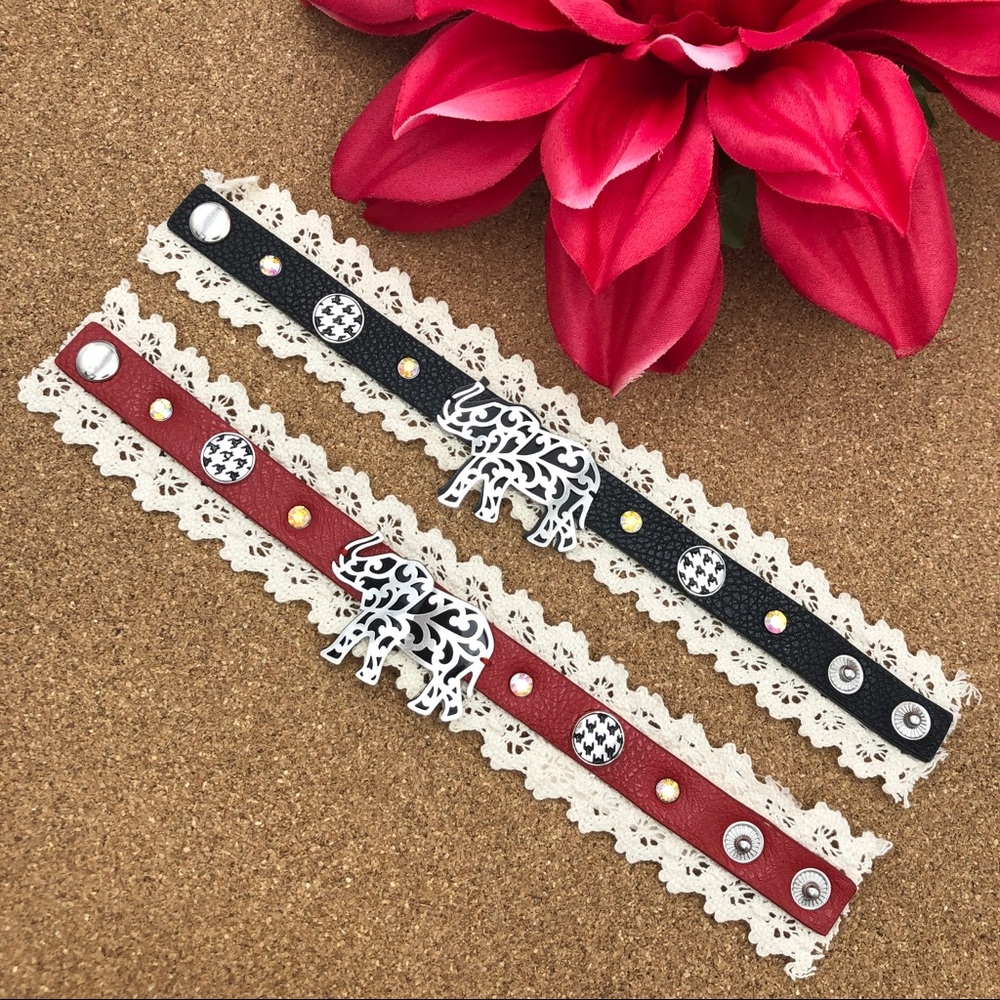 🌼 Leather & Lace Elephant Houndstooth Buttons Wrap Snap Bracelet
